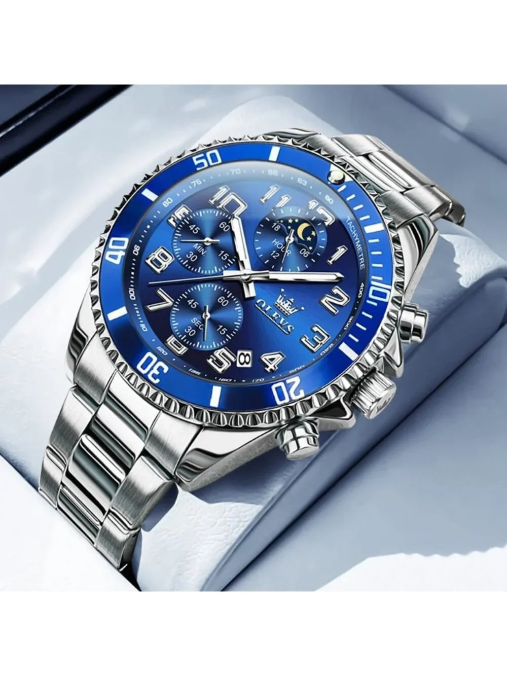 Men's Silver And Blue Stainless Steel Chronograph Analog Waterproof Luxury Watch